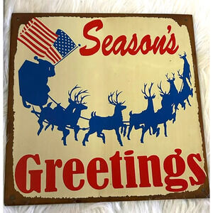 Season's Greetings Santa and Reindeer Christmas Distressed Metal Sign